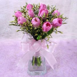 10 Pink Tulips with vase