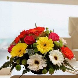 12 Gerberas & 6 Roses Mixed Color Small Table Flowers Arrangemen
