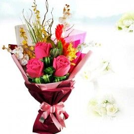 3 Plush Giant Roses ( 15cm ) With Artificial Orchids Hand Bouque