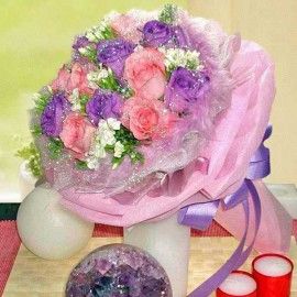 6 Purple And 6 Peach Roses Hand Bouquet With White Sweet William