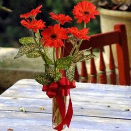 6 Red Gerberas in Glass Vase Table Arrangement