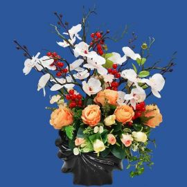 Artificial Orange Roses & White Orchid Table Arrangement