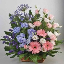 Blue Hydrangeas & Pink Gerbera Table Basket Arrangement. ( One D