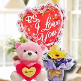 15cm Bear Soft Toy With Gerbera Standing Bouquet & i Love You Balloon