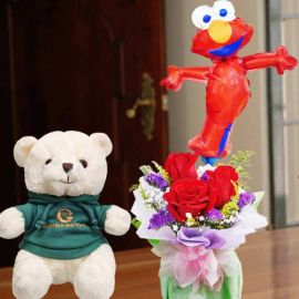 8 Inches Teddy Bear In Green Sweater and 9 inches Elmo Balloon with 3 Red Roses Standing Bouquet.