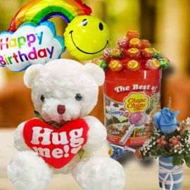 20cm Bear with Lollipop Candies With Blue Rose & Birthday Balloon.