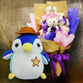 18cm Penguin Stuffed Toy & 6 Mini Bears Bouquet