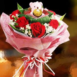 6 Red Roses with Bear & Ferrero Rocher at centre