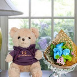 20cm Bear with Blue Roses Hand Bouquet