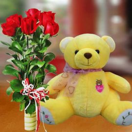 30cm Bear with 6 Red Roses Standing Bouquet