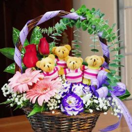 4 Mini Bears (Colour & Type of Dressing may Vary ) With Roses Basket Arrangement