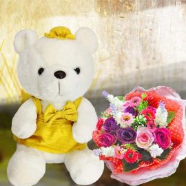 25cm Bear with Artificial Roses Posy