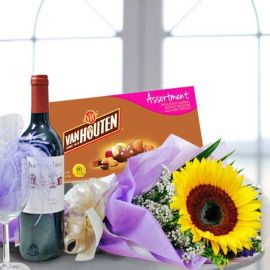 Sunflower Bouquet with Red Wine and Assorted Chocolate