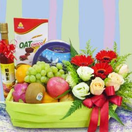 Honey, Mixed Fruits, Roses & assorted Biscuits/Cookies Basket Gift