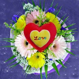 3 Pink 3 Yellow Gerberas with Heart-Shaped tag