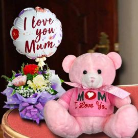 (Mom i Love You) Bear, Balloon & 3 Mixed Carnations Standing Bouquet