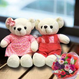 Artificial Roses Bouquet & 30cm Couple Bear