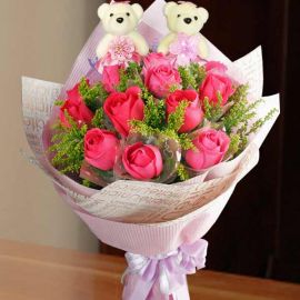 12 Hot Pink Roses & 12cm Bears