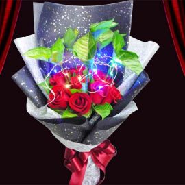 LED Light in 12 Red Roses With Syngonium Foliage Special Bouquet.