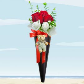 Ice Cream Cone 3 Red Roses Bouquet With Mini Bear.