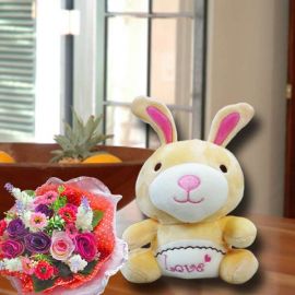16cm Bunny & Small Artificial Flowers Bouquet.