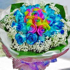 9 Rainbow Roses & 20 Blue Roses Hand Bouquet