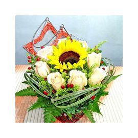 Sunflower And Champagne Rose Basket Arrangement