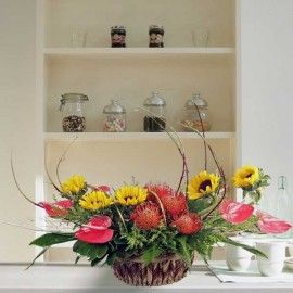 Sunflowers & Red Anthuriums Flowers Table Arrangement