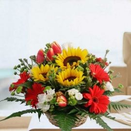 Sunflowers, Tulips & Gerbera Flowers Basket Table Arrangement