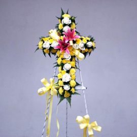 PomPom Yellow & White Roses with Pink Lily