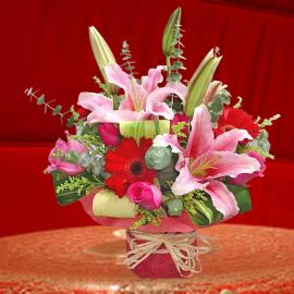 Pink Lilies & Roses With Red GerberasRed