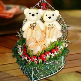 Fresh Roses, Artificial Cherry Berry & Bears in Heart-Shape Container