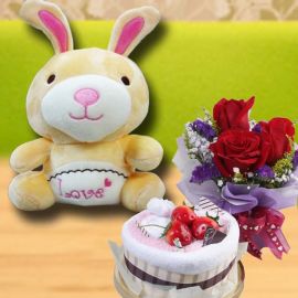 Cake Made By Towels, 18cm Rabbit & 3 Roses