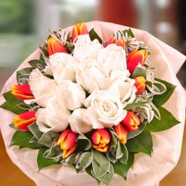 10 (2Tone Yellow/Red ) Tulips & 10 White Roses Hand Bouquet