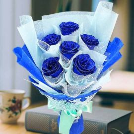 6 Shining Artificial Blue Roses Hand Bouquet