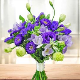 Purple Freesia, Eustoma, Aster & Statice Flower Hand Bouquet