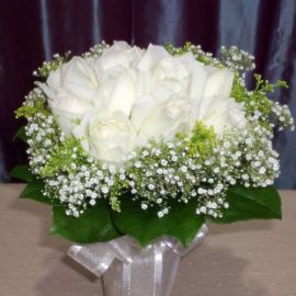 12 White Roses with Gold Pheonix, Babybreath and sala-tip foliag 