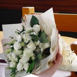 12 White Roses & White Chrysanthemum Hand Bouquet