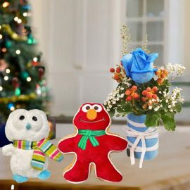 2 X'Mas Stuffed Toys With Blue Rose Standing Bouquet.